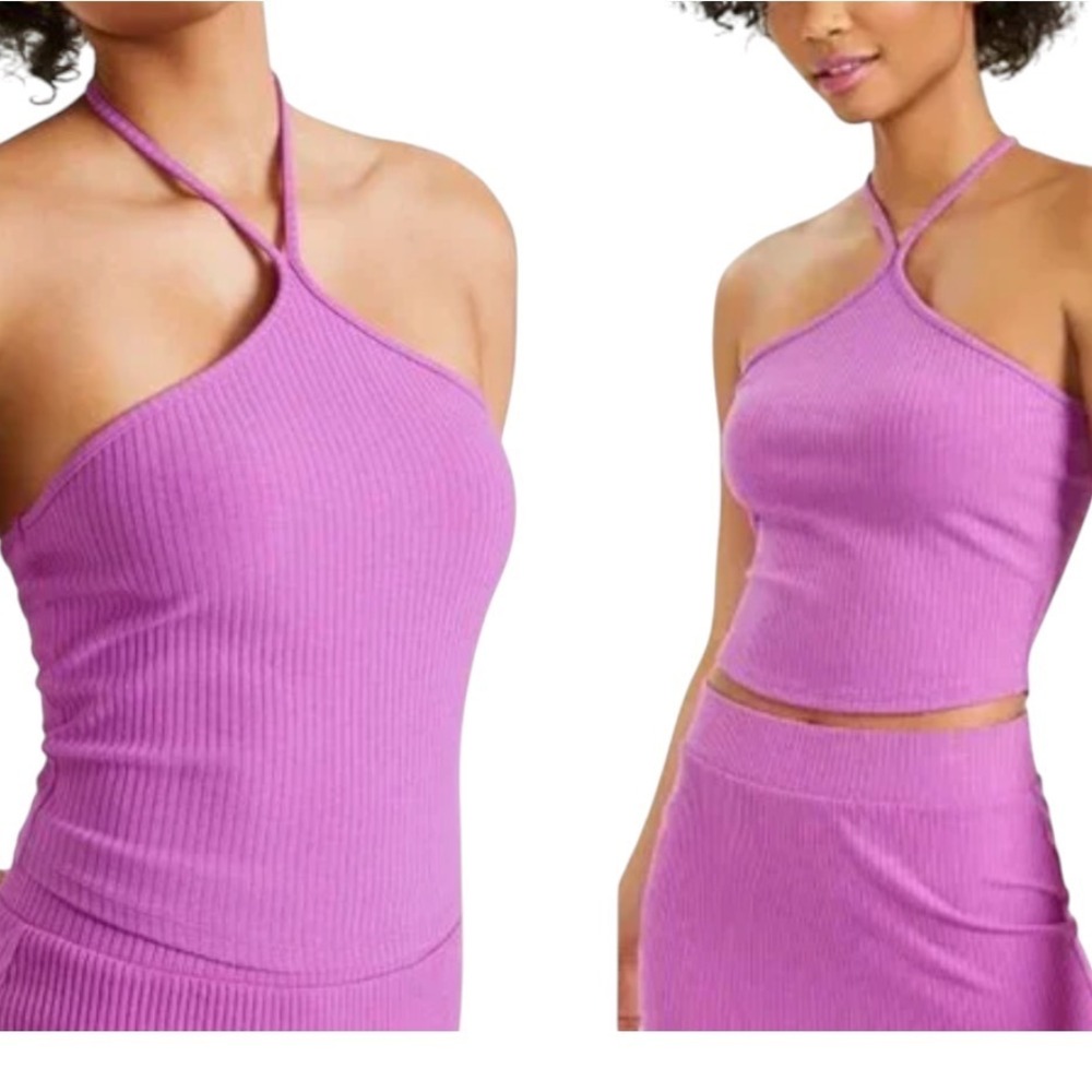 BAR III Orchid Purple RIBBED KNIT HIGH NECK HALTER TOP Cropped Single Strap XXL